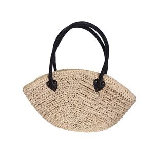 Elegant Tan Woven Handbag with Black Handles